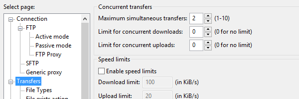 In FileZilla, access the Transfers page to change the number of simultaneous connections