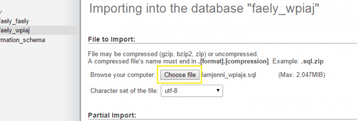 In phpMyAdmin's "Import" tab, the "Choose file" button has been clicked and a database file has been selected and opened.