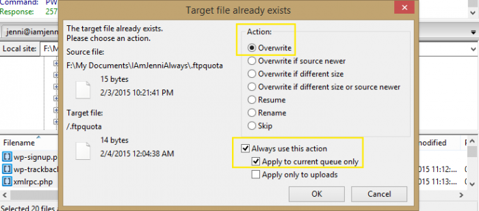 A pop up that appears in FileZilla when uploading your site to replace the fresh install. The "Overwrite" radio button is selected under "Action" and the check boxes "Always use this action" and "Apply to current queue only" are checked.