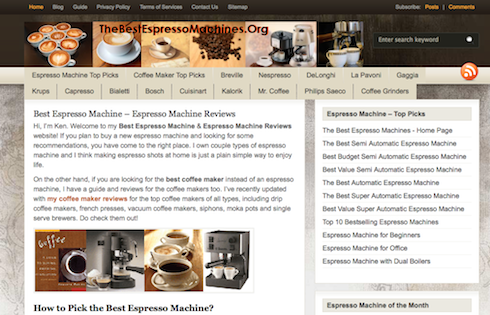 The Best Espresso Machines is a blog dedicated to coffee makers--and includes plenty of Amazon affiliate links to rake in the dough.