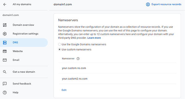 Google Domains DNS Settings Panel