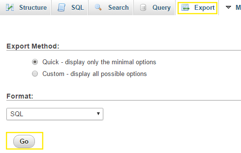 The "Export" page in phpMyAdmin.