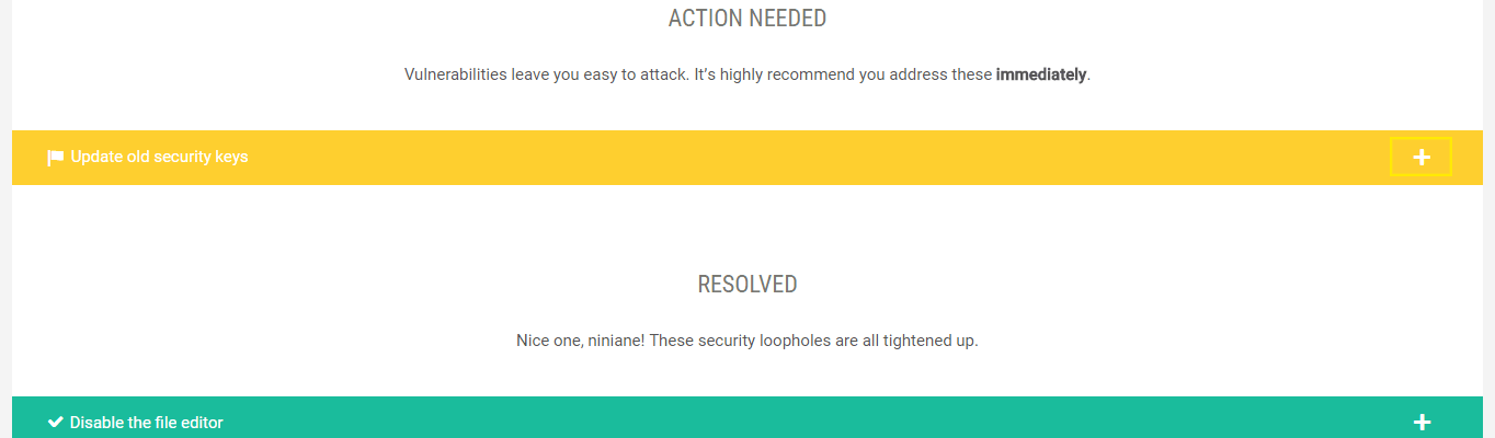The "Action Needed" and "Resolved" sections. There is one vulnerability that requires action.