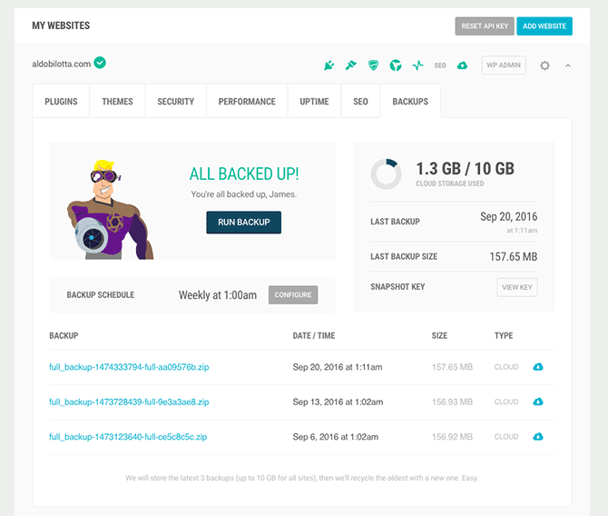 The managed backups dashboard.