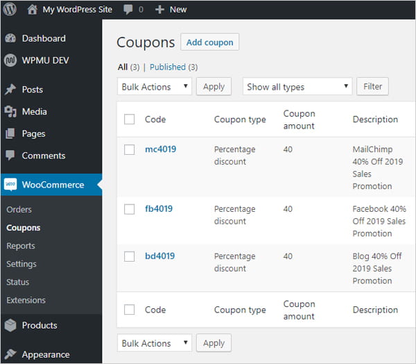 WooCommerce Coupons screen