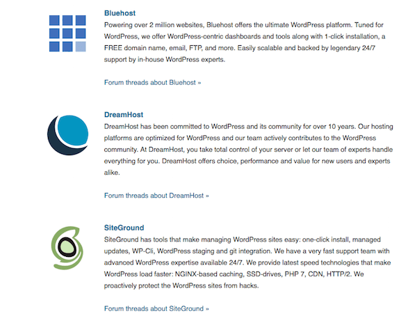 WordPress suggested hosts
