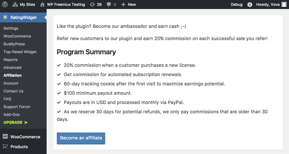 A screenshot of an example affiliate program in a plugin.