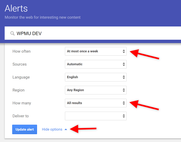 Screenshot of Google Alerts Settings