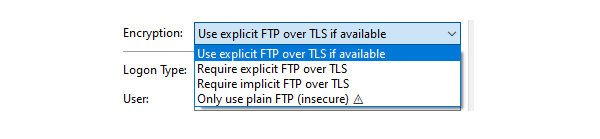 Screenshot from FileZilla showing the different encryption methods.