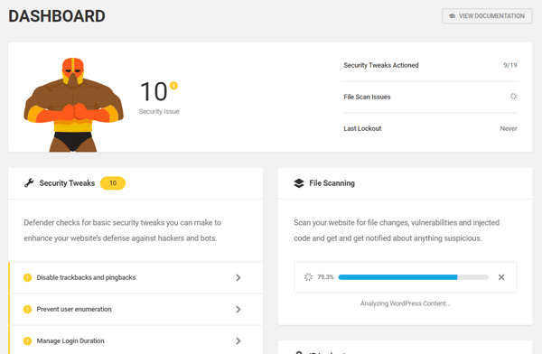 Defender Pro - WordPress security plugin dashboard.
