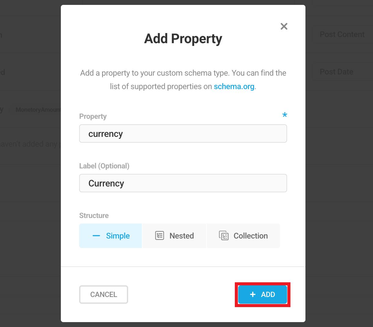 Adding child property name and label