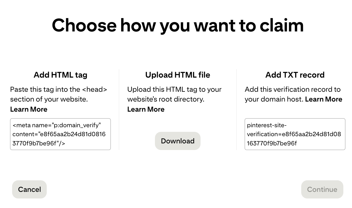 Pinterest claim options