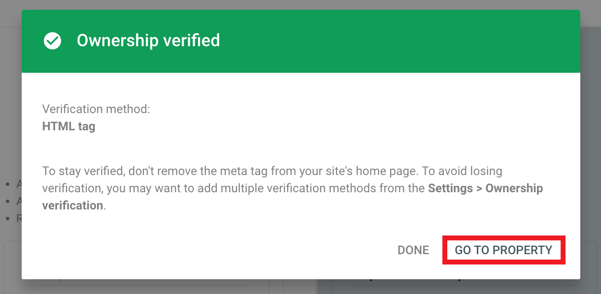 Property verified in Google Search Console