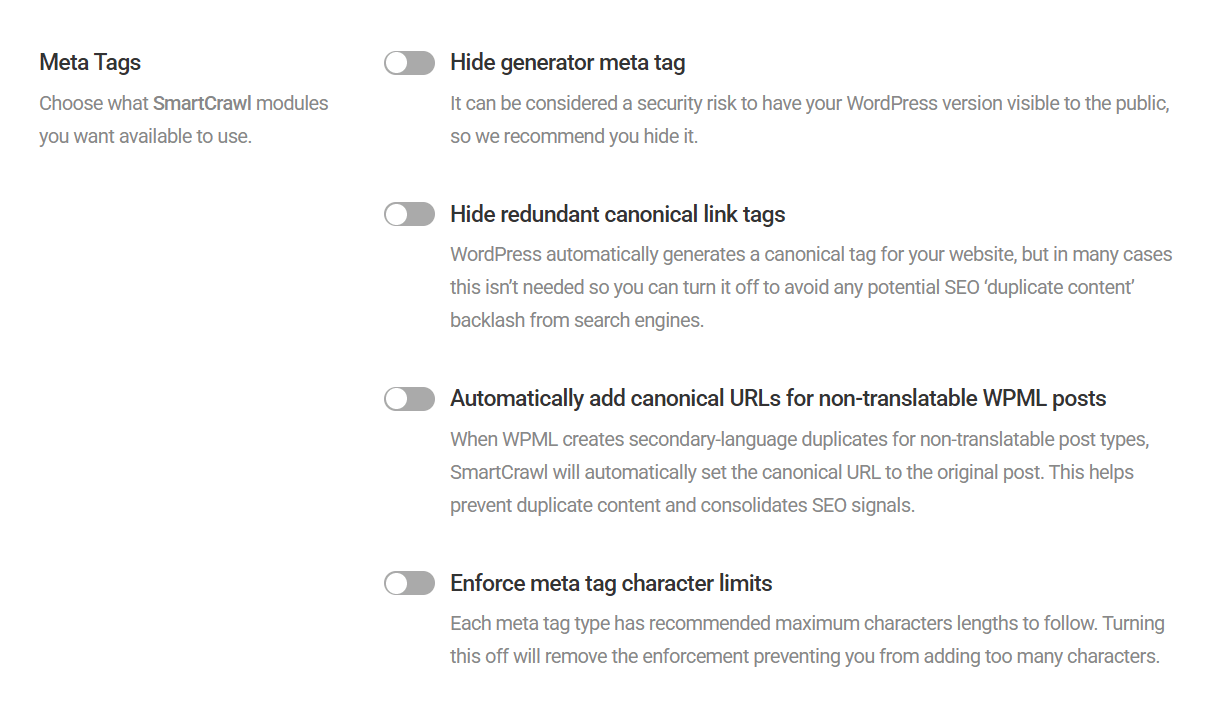 Meta tag options in SmartCrawl