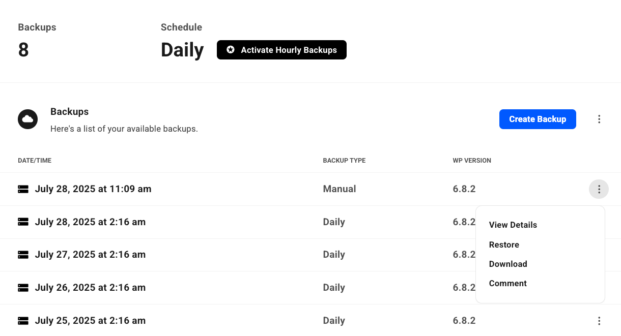Hub available backups list