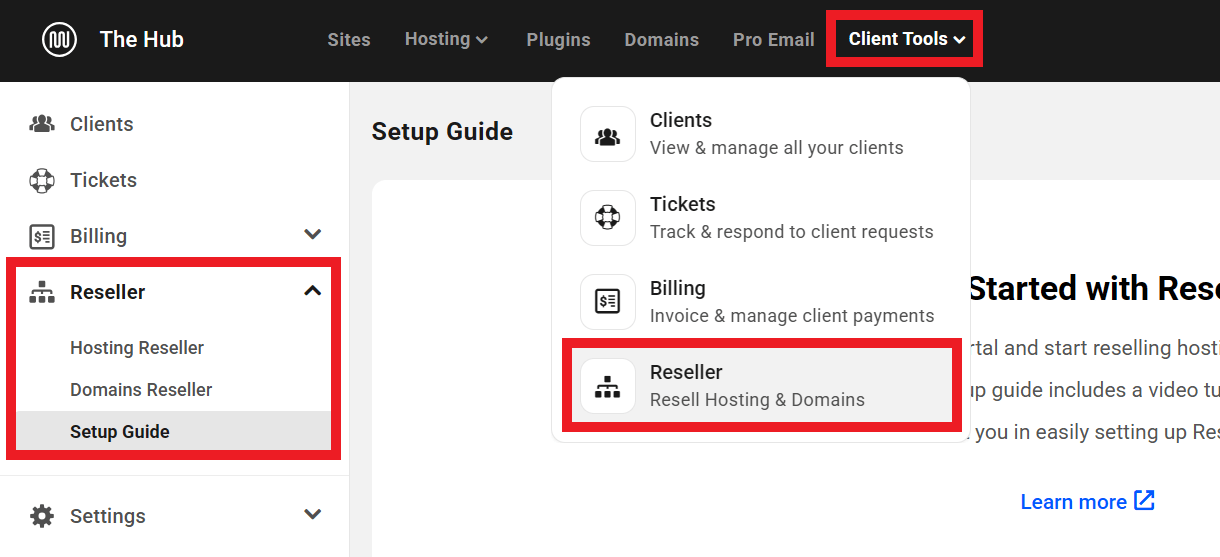 Reseller section in Client Tools