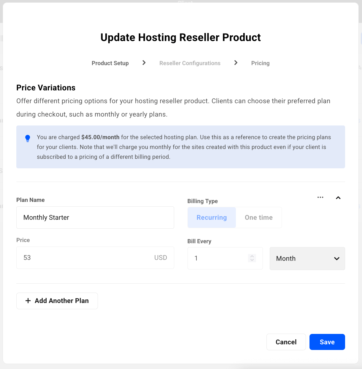 Update hosting reseller product modal window
