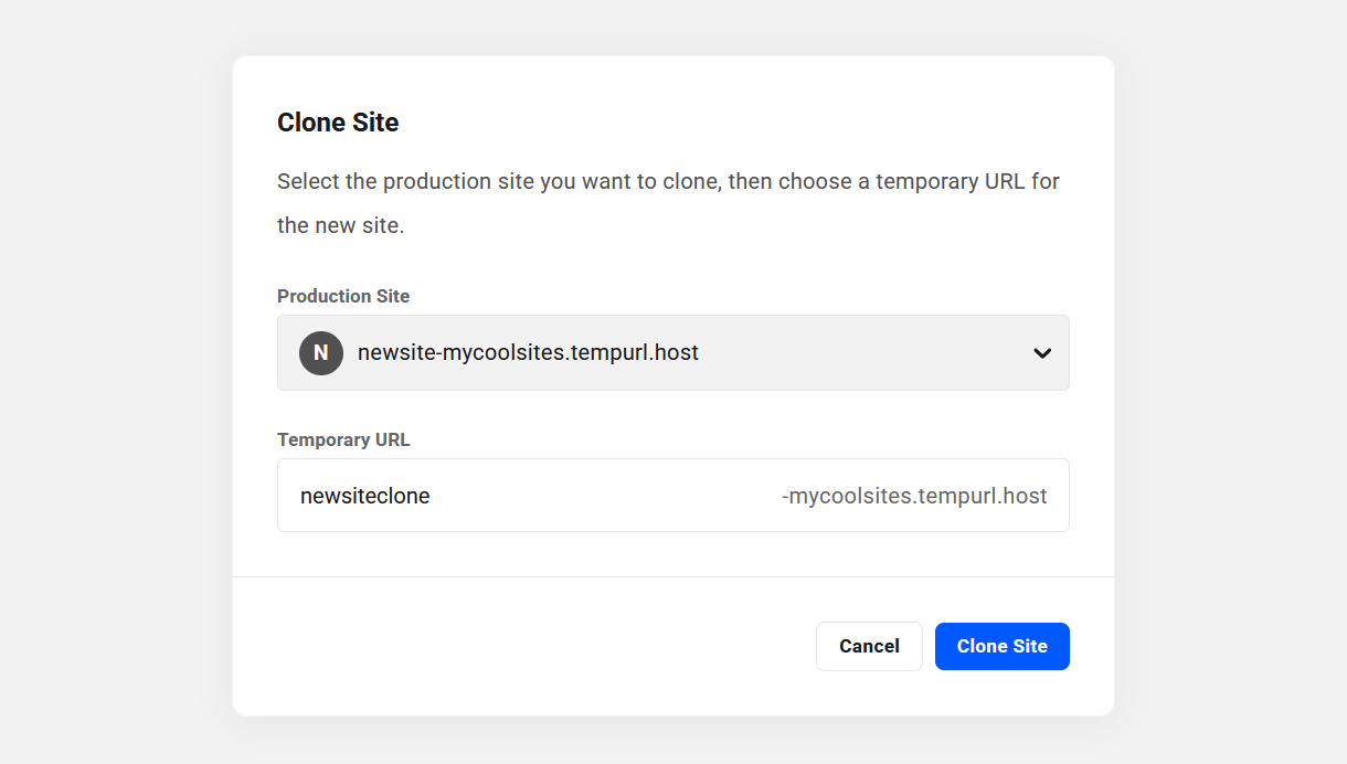 Enter a temporary URL when cloning an unlimited hosting site