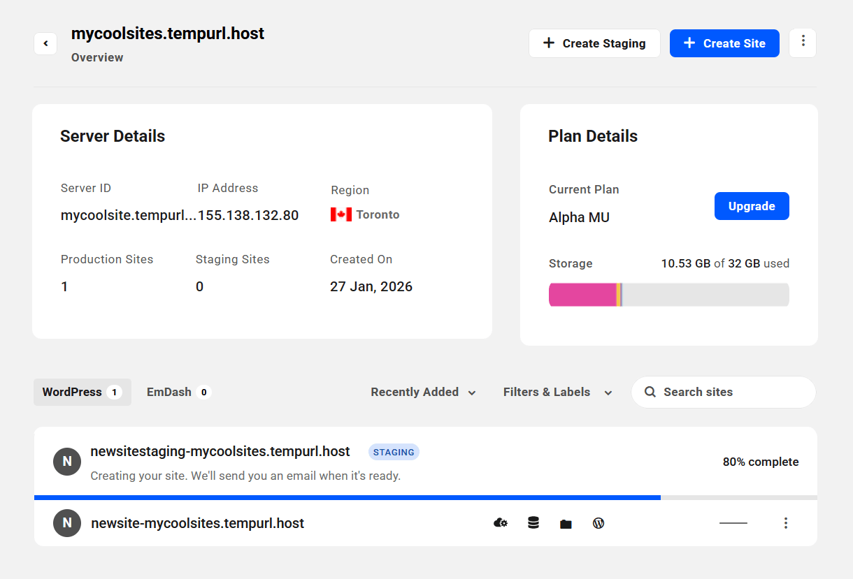 Progress indicator when creating a new unlimited hosting staging site