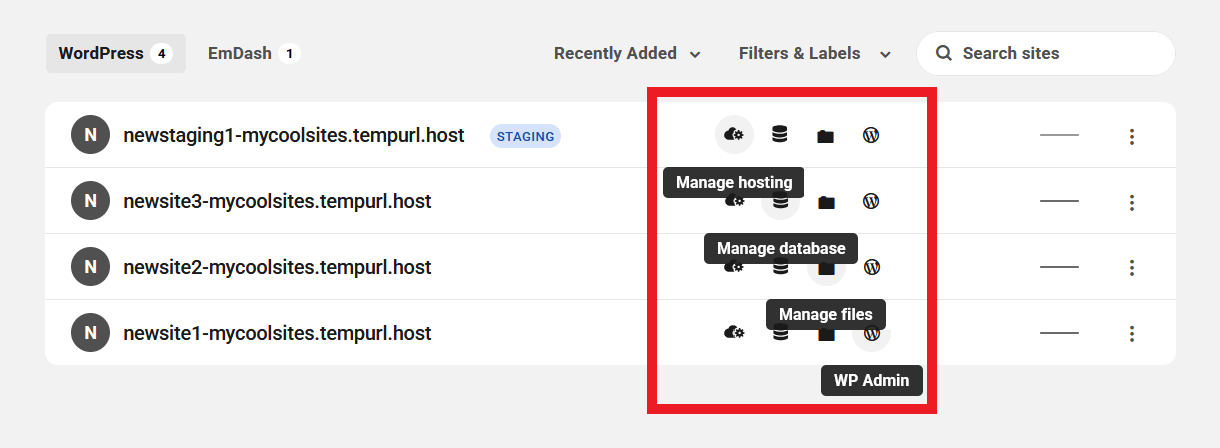 Site tools on an Unlimited Hosting servers overview screen